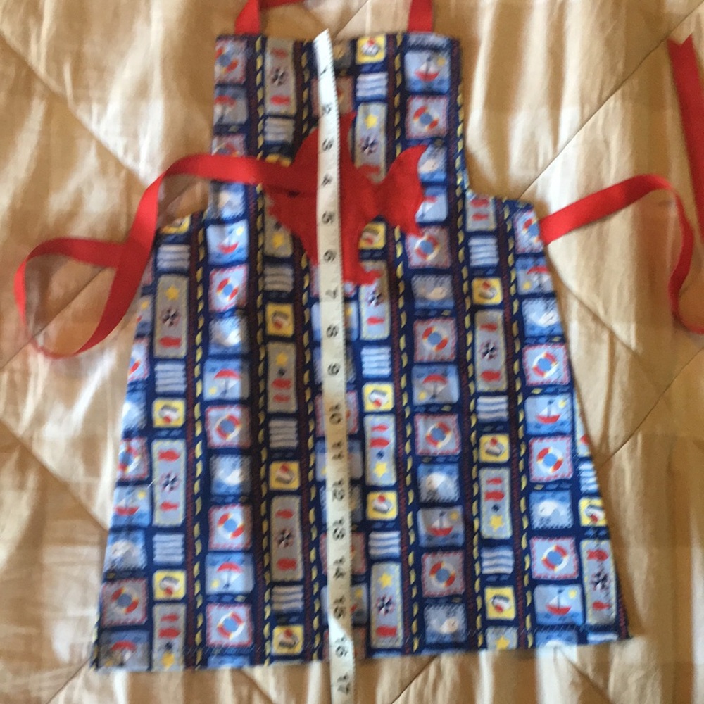 Colorful Toddler Size Fish Apron with Red Ribbon Ties - Picture 6 of 7